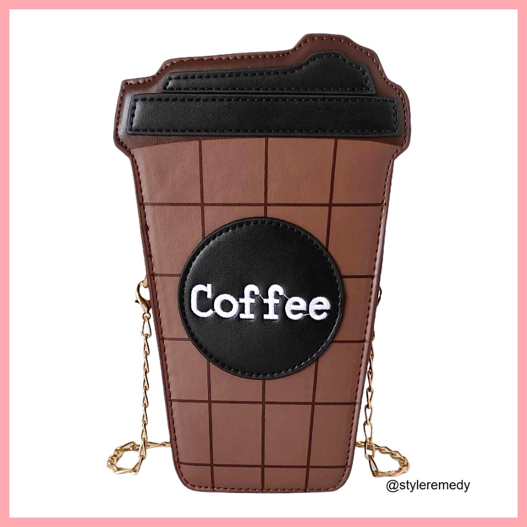 Small Vegan Leather Crossbody Bag With Gold Chain Strap, Coffee Cup Design